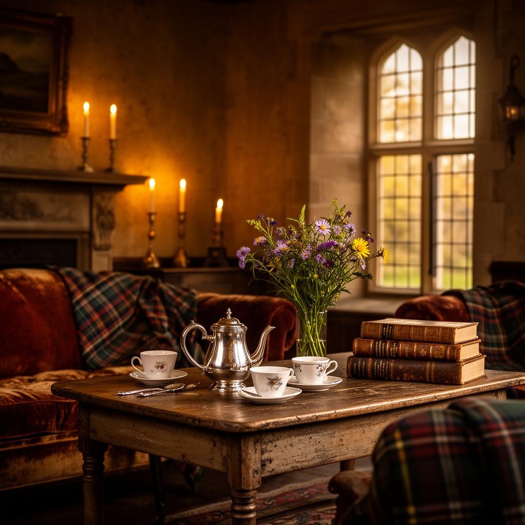 Warm amber light in an old Scottish manor sitting room — tea, books, and flowers