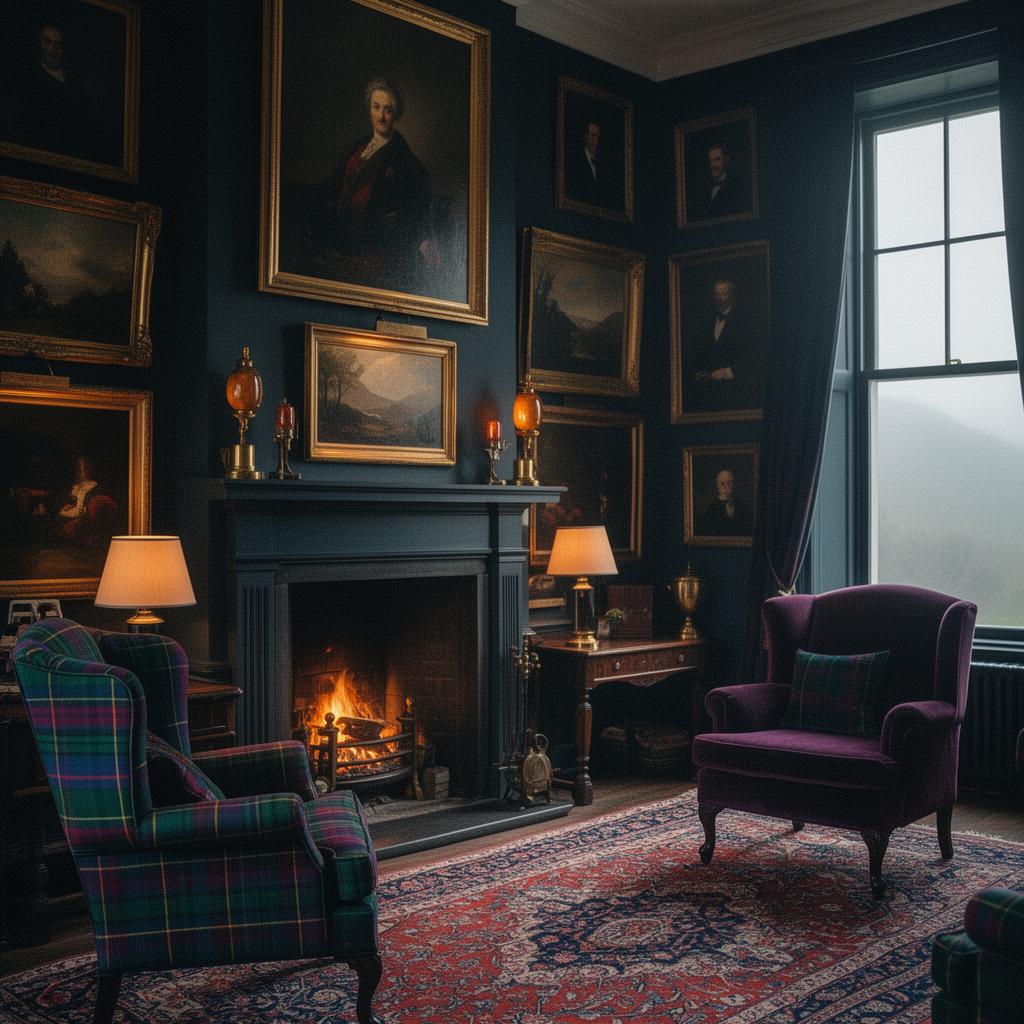 A richly furnished Scottish Highland drawing room — tartan armchairs, antique portraits, and firelight