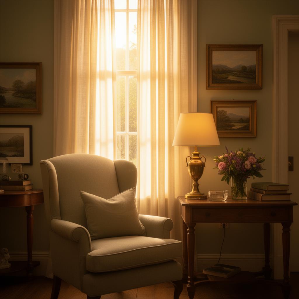 A sunlit Highland sitting room with a warm lamp, an armchair, and flowers by the window